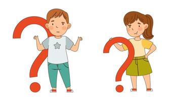 Puzzled Little Boy and Girl with Question Mark Wondering and Solving Task Illustration Set vector