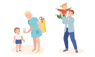 Young Father and Mother Congratulating Child with Birthday and Playing with It Illustration Set vector