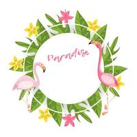 Paradise banner template with place for text, pink flamingo and green tropical leaves illustration vector