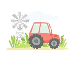 Gardening with Tractor and Windmill as Plant Cultivation and Agriculture Illustration vector