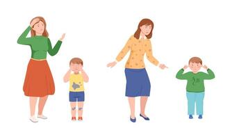 Annoyed Mother Scolding Her Kid for Disobedience and Bad Behavior Illustration Set vector