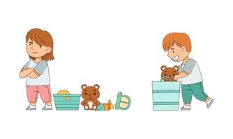 Grumpy Girl with Toys and Folded Arms Grizzling and Happy Playing Boy Illustration Set vector