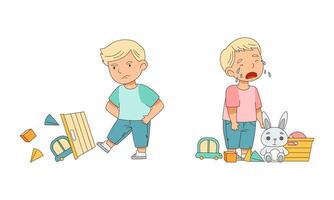 Grumpy Boy Among Toys Crying Out Loud and Kicking Box with Toys Illustration Set vector