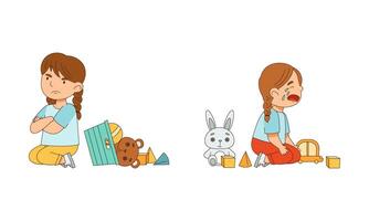 Grumpy Girl with Toys and Folded Arms Grizzling and Crying Illustration Set vector