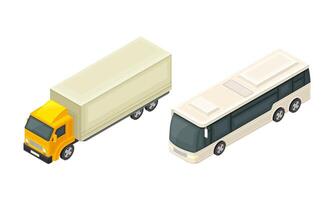 Truck or Lorry and Bus as Motor Vehicle and Urban Transport for Transporting Cargo and Passenger Isometric Illustration Set vector