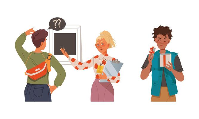 Male and Female Looking in Gift Box and Talking to Teacher Demonstrating Emotion Illustration Set
