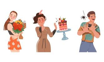 Male and Female Looking at Spider and Falling Cake Demonstrating Emotion of Fear and Sadness Illustration Set vector