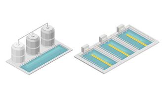 Water Purification Process with Filtration and Distillation in Cylindrical Tank and Reservoir Isometric Set vector