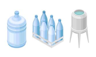 Water Poured in Plastic Bottle and Metal Tank for Storage and Distribution Isometric Set vector