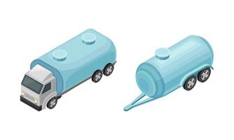 Water Distribution with Cargo Truck Carrying Metal Tank with Liquid Isometric Set vector