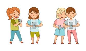 Little Boy and Girl with Smartphone and Tablet Playing Game and Watching Illustration Set vector