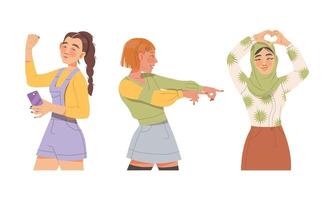 Female Showing Hand Gesture Feeling Happiness and Excitement Illustration Set vector