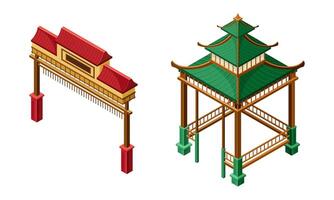 Green Wooden Gazebo and Gate in Oriental Style as Asian Architecture Isometric Set vector