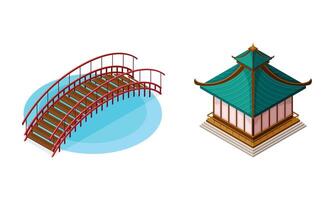 Wooden Bridge with Balustrade Railing and Pagoda as Asian Architecture Isometric Illustration Set vector
