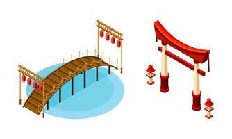 Wooden Bridge with Balustrade Railing and Gate as Asian Architecture Isometric Illustration Set vector