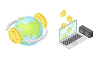 Bitcoin Gold Coins Rotating Around Globe and Laptop Isometric Set vector