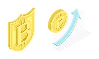 Blockchain Technology with Graph or Chart Showing Growth of Gold Coin and Shield Isometric Set vector