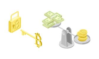 Blockchain Technology with Scales Weighing Bitcoin Gold Coin and Dollar Banknote and Lock with Key Isometric Set vector