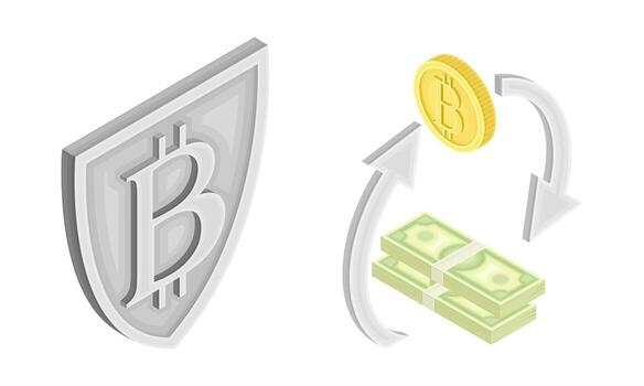Bitcoin Blockchain Technology with Exchange and Transaction System and Shield Isometric Set vector