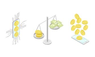 Blockchain Technology with Scales Weighing Bitcoin Gold Coin and Dollar Banknote and Smartphone Isometric Set vector