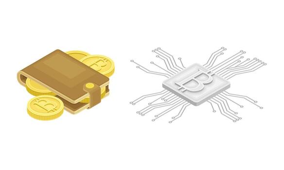 Blockchain Technology with Bitcoin Microcircuit Connection and Wallet Isometric Illustration Set vector