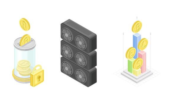 blockchain tecnología con grafico o gráfico demostración crecimiento de oro moneda y tarjeta isométrica conjunto vector