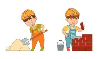 Little Boy Builder Wearing Hard Hat and Overall Digging with Shovel and Laying Bricks Set vector