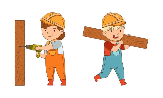 Little Boy and Girl Builder Wearing Hard Hat and Overall Carrying Timber and Drilling Wood Set