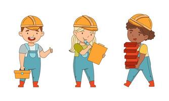 Little Boy and Girl Builder Wearing Hard Hat and Overall Carrying Bricks and Holding Toolbox Set vector