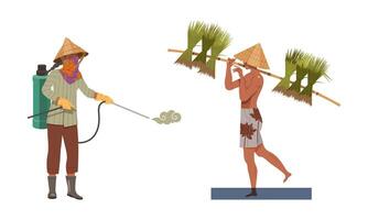 Asian Farmer in Straw Conical Hat Carrying Bundles of Rice Grass on His Shoulders and Irrigating Soil Illustration Set vector