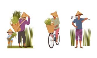 Asian Farmer in Straw Conical Hat Carrying Bundles of Rice Grass and Standing with Rake Illustration Set vector