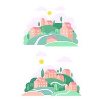 Set of summer countryside landscapes with hills, houses and trees at day time illustration vector