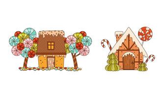 Set of Christmas gingerbread houses decorated with sweets cartoon illustration vector