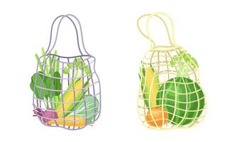 Reusable eco shopping net full of vegetables. Watermelon, cabbage, corn cob, carrot. Zero waste, plastic free concept illustration vector