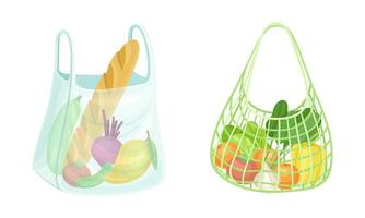 Reusable eco shopping net full of grocery products. Loaf bread, beetroot, tomato. Zero waste, plastic free concept illustration vector