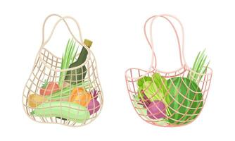 Reusable eco shopping net full of grocery products. Bottle of wine, watermelon, pepper, tomato, zucchini. Zero waste, plastic free concept illustration vector