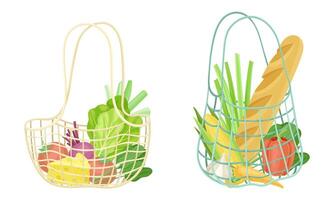 Reusable eco shopping net full of grocery products. Loaf bread, cheese, pepper, beetroot. Zero waste, plastic free concept illustration vector