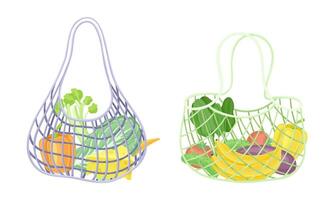 Reusable eco shopping nets full of fruit and vegetables set. Zero waste, plastic free concept illustration vector