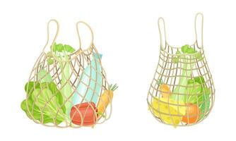 Reusable eco shopping net full of grocery products. Bottle of water, pepper, celery, cheese. Zero waste, plastic free concept illustration vector