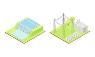 Electricity generation. Hydroelectric power station and high voltage electricity power transmission grid. Alternative sources isometric illustration vector
