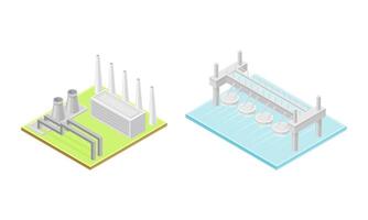 Electricity generation. Hydroelectric power station and thermal power plant. Alternative sources isometric illustration vector