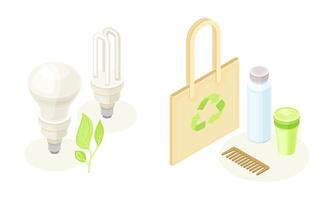 Ecology and green energy set. Replenishable resources and recyclable waste isometric illustration vector