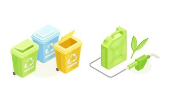 Renewable energy sources set. Replenishable resources and recyclable waste isometric illustration vector