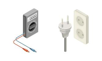 Electric power objects set. Voltmeter, socket and plug isometric illustration vector