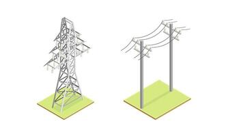 Electric power objects set. High voltage electricity power transmission grid isometric illustration vector