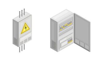 Electric power objects set. Switchboard panel, power control isometric illustration vector