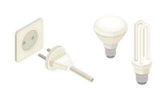 Electric power objects set. Light bulbs, socket and plug isometric illustration vector