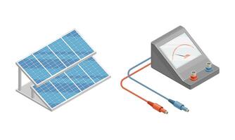 Electric power objects set. Solar panels and ammeter isometric illustration vector