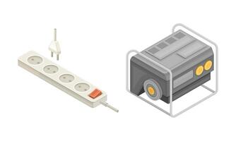 Electric power objects set. Generator, socket and plug isometric illustration vector