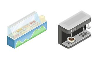 Fridge for ice cream with variety of flavors and coffee machine illustration vector